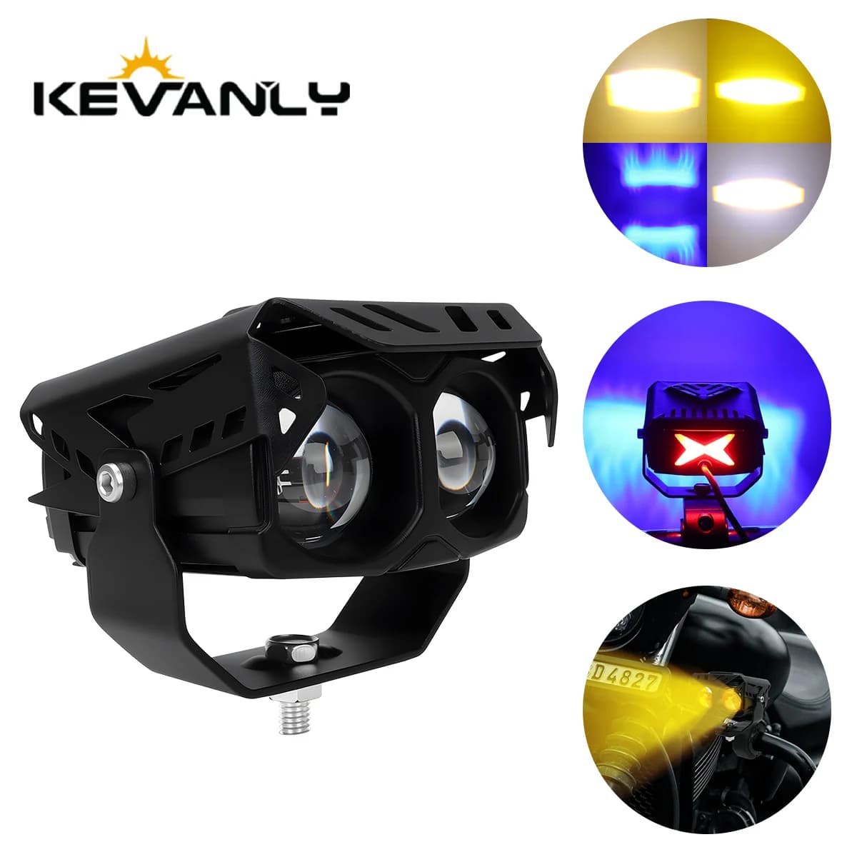 1x Faro LED per Moto a 2 Lenti, Doppio Colore Stroboscopico, Abbagliante/Anabbagliante con Anello Luminoso Blu per ATV UTV SUV RV, Luce da Lavoro 12V