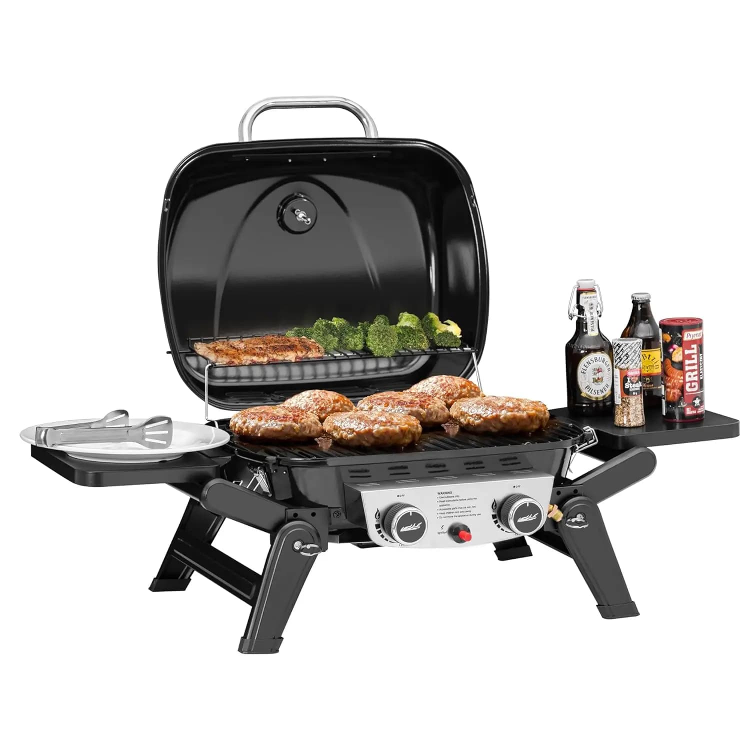 Griglia a Gas Propano Portatile a 2 Bruciatori con Tavoli Laterali Pieghevoli, Griglia Riscaldante, per Viaggi all'Aperto, Picnic, Tailgate, Campeggio, Personalizzabile