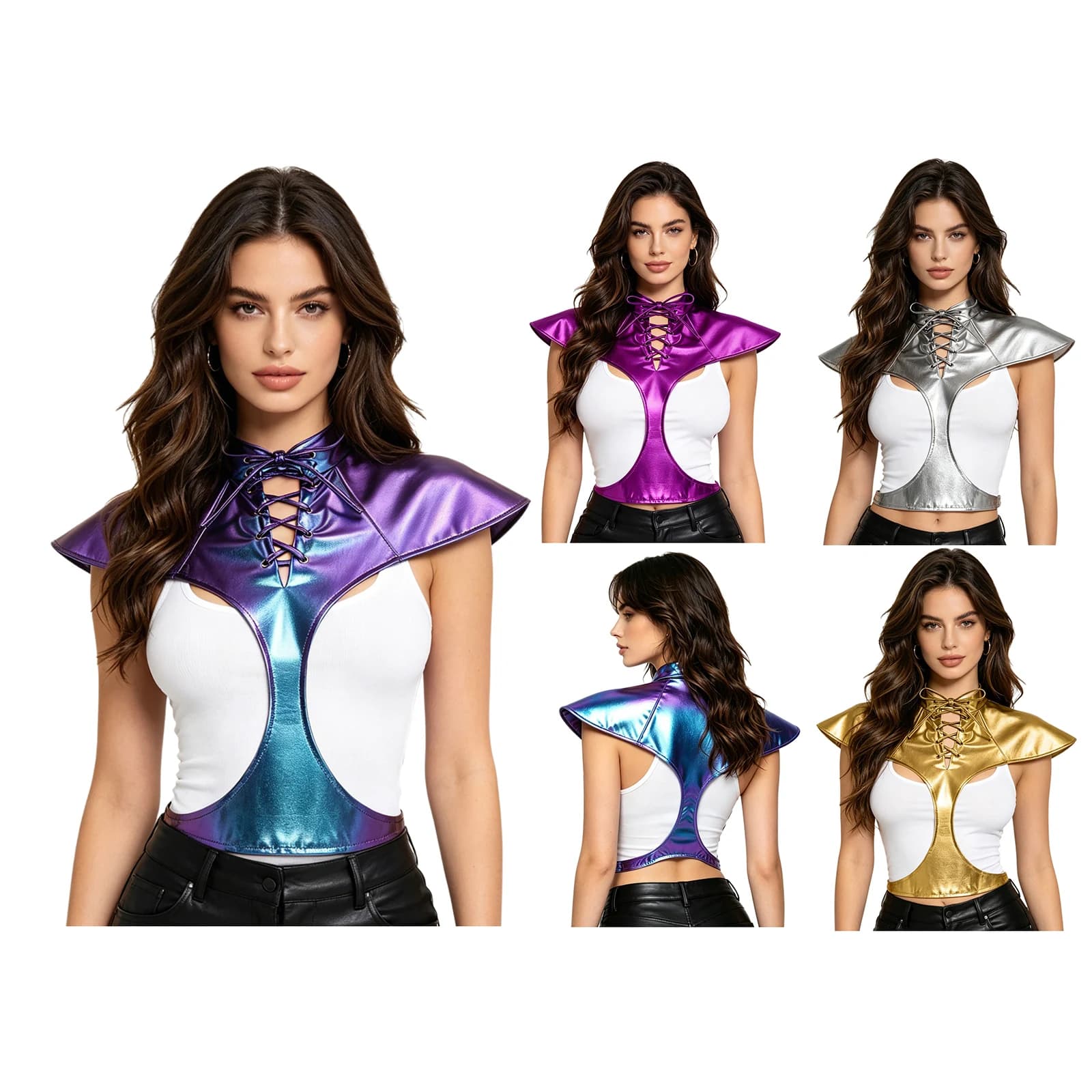 Top Corto da Donna con Armatura Medievale Metallizzata Lucida, Stile Gotico Steampunk, Olografico, Collo Alto, Allacciatura Frontale, Armatura per Spalle