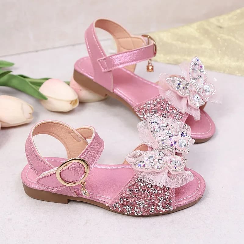 Kids Princess Sandals Sweet Lace Bows Girls Sandals Shiny Sequins 2026 Summer New Children Beach Shoes Soft Bottom Casual
