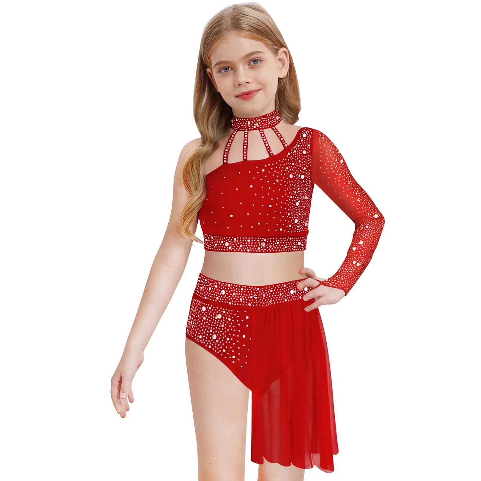 Costume da ballo lirico per ragazze, moderno e contemporaneo, con una spalla, strass, top corto con gonne, ginnastica, balletto