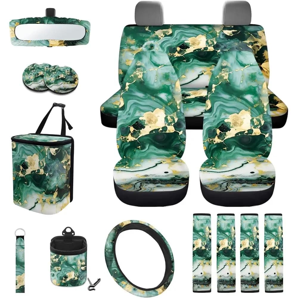 Set Car Seat Covers Effetto Marmo 15 Pieces: Covers Front and Back Covers, Covers, Security Belt Bearings, Rear Storage Container