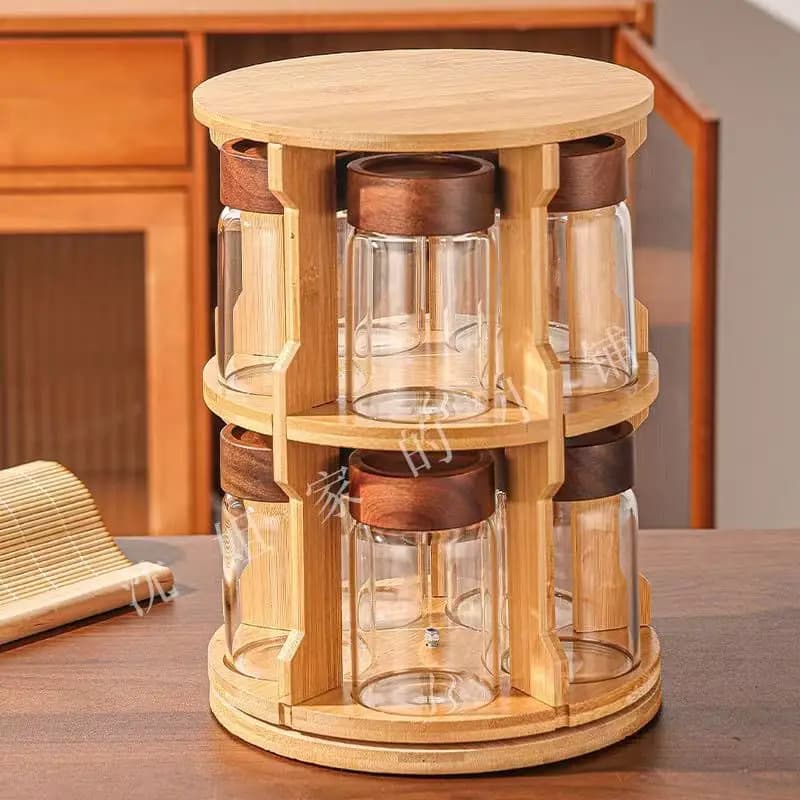Kitchen Storage Glass Jars With Double Layer Rotatable Bamboo Rack, 8 Pcs Borosilicate Sealed Canisters For Tea Coffee Spice