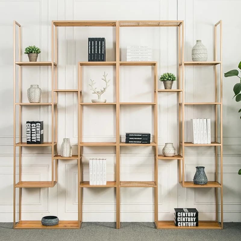 Wrought iron bookshelf, gold creative floor shelf, grid wooden board, bedroom bookcase, exhibition hall, shelf storage