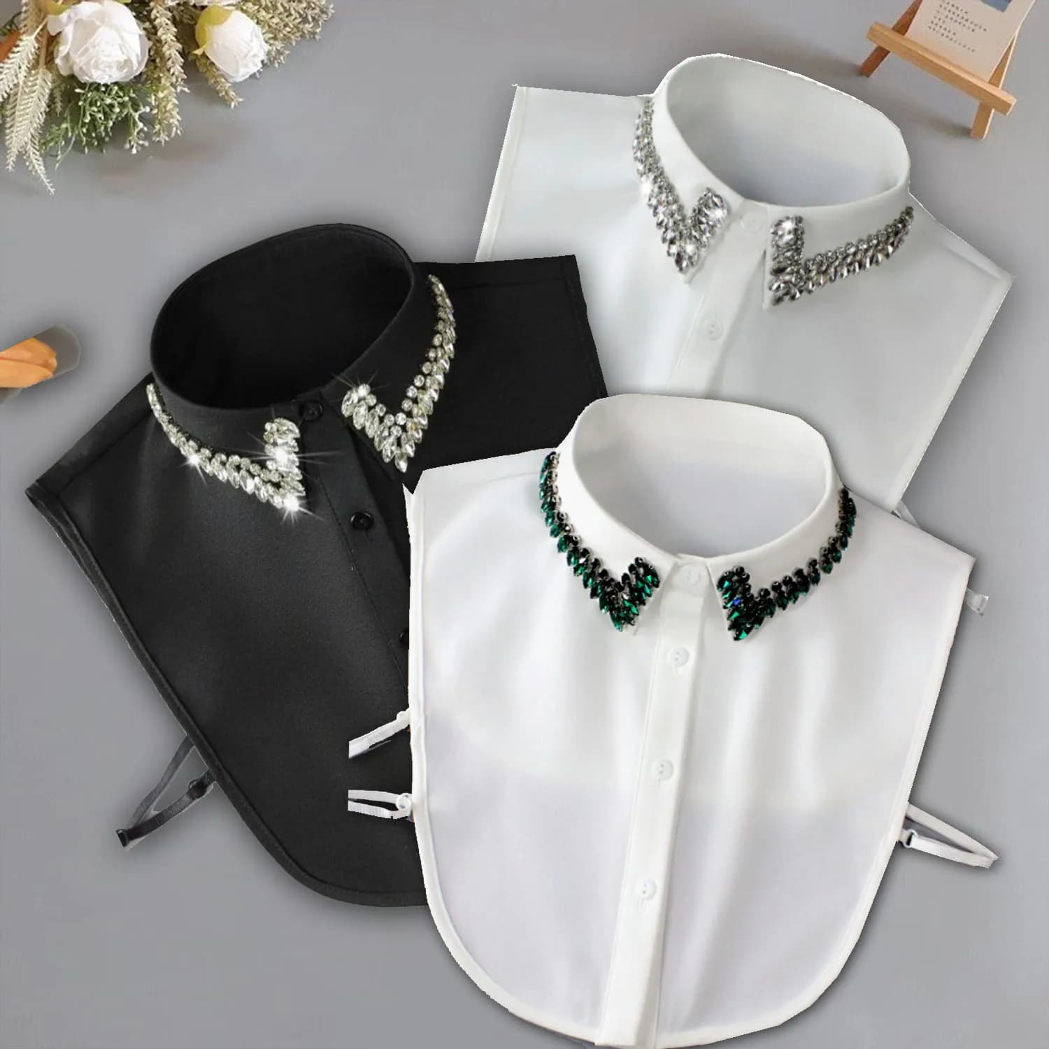 Camicia con colletto finto bianco alla moda da donna, decorazione con diamanti, colletto finto, blusa con risvolto, top femminile, colletto staccabile con bottoni