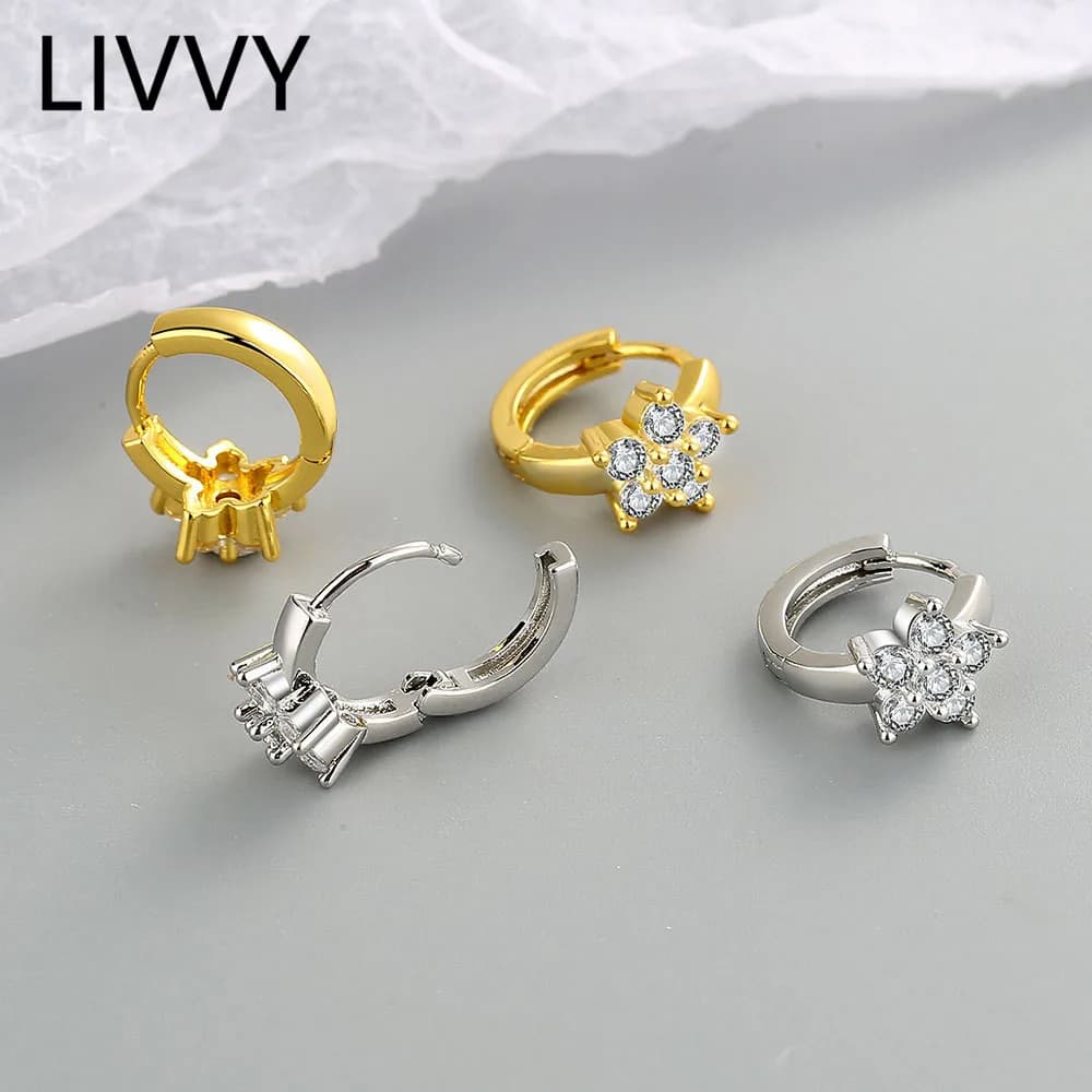 LIVVY Silver Color New Arrival Trendy Elegant Crystal Zircon Earrings For Women Simple Geometric Flowers Wedding Jewelry