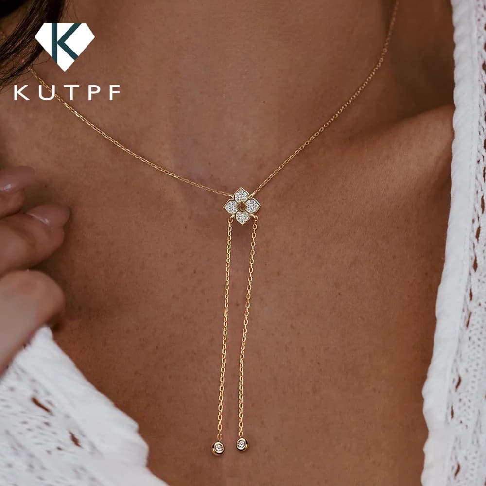 Four-leaf Clover Moissanite Lariat Pendant Necklace for Women 925 Sterling Silver Y-Shape Long Tassel Drop Necklaces Bracelet