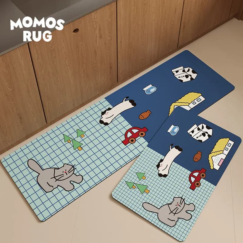 Cartoon Cat Puppy Grid Kitchen Mat Set Non Slip Waterproof Runner Rug Wear Resistant Easy Clean Doormat Home Decor