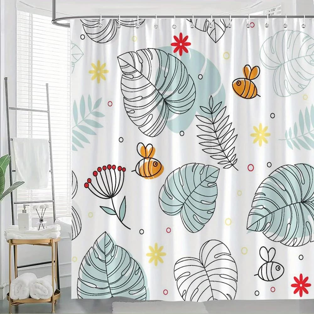 Tenda da doccia 1 pezzo con foglie tropicali e insetti - Foglie verde acqua leggere con contorni neri, poliestere lavabile in lavatrice