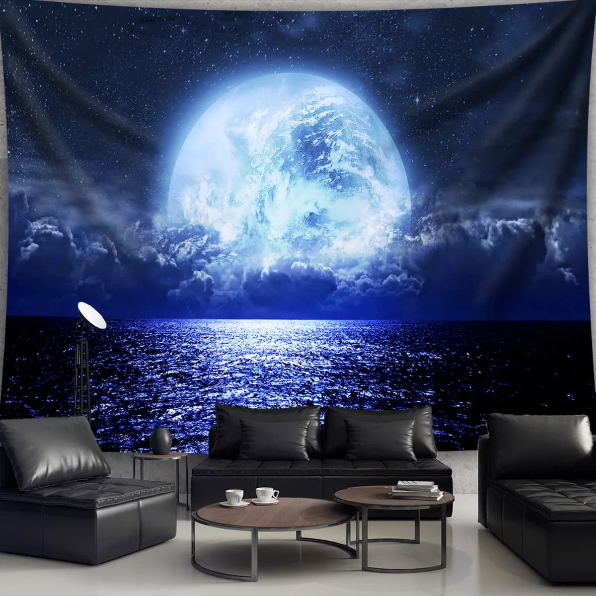 Moonlit Ocean Tapestry Polyester Wall Hanging Boho Living Room Bedroom Cosmic Night Art 180x320cm71x126in
