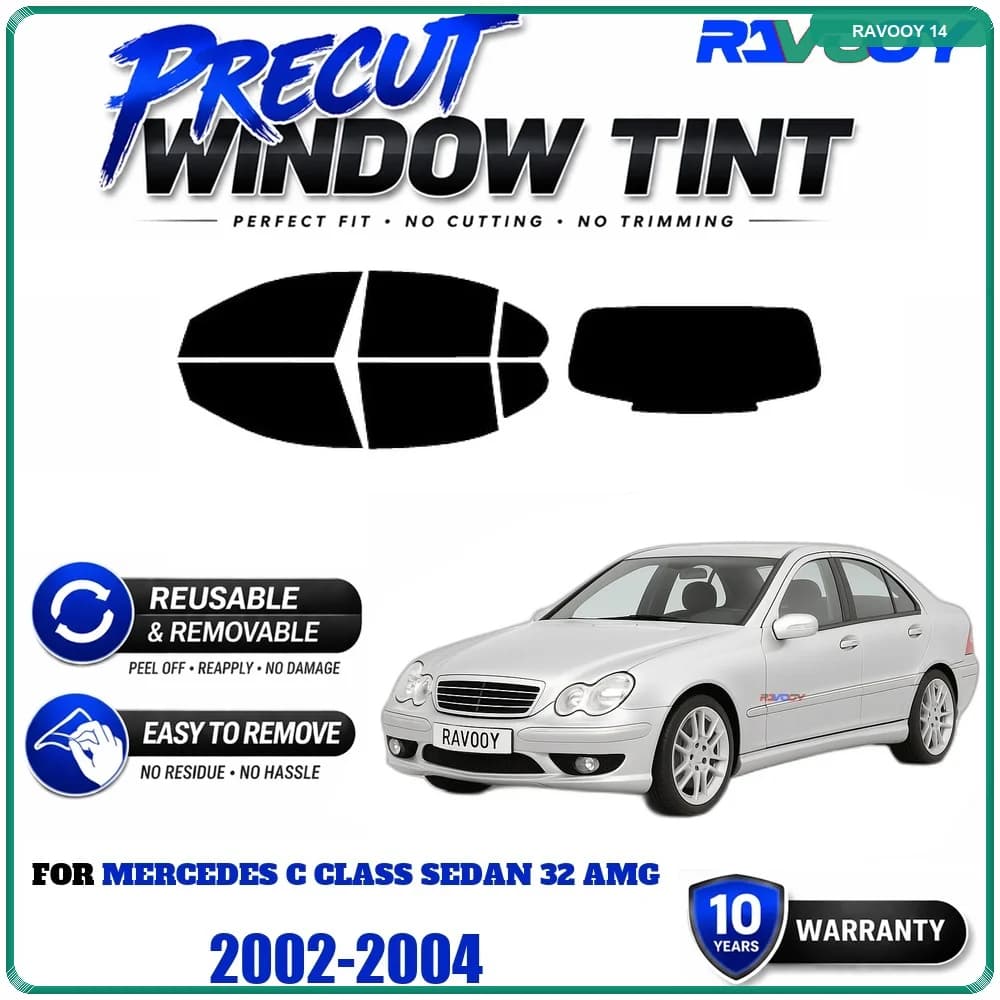 Precut Window Tint, Reusable Removable EPU Film, Custom Fit for Mercedes C Class Sedan 32 AMG 2002-2004, UV Heat Protection