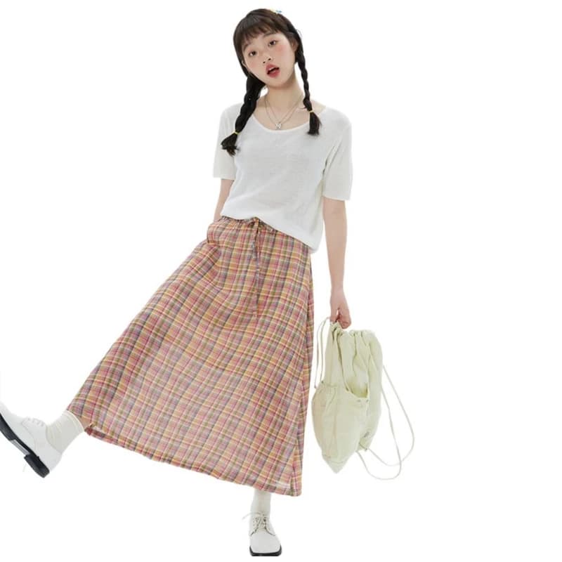 Gonna lunga a trapezio scozzese in cotone Donna Primavera Estate Elastico in vita Gonne semplici vintage Gonne basic tutto-fiammifero stile preppy