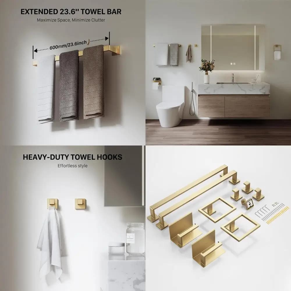 Set di accessori da bagno in acciaio inossidabile spazzolato oro 23,6: portasciugamani, porta carta igienica, ganci e anelli
