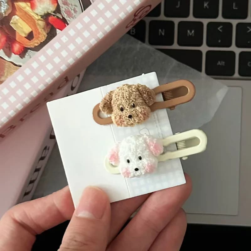 2 fermagli per capelli a forma di cane - Morbidi fermagli laterali in peluche con orecchie marroni e bianche, graziosi fermagli a cartone animato per bambini