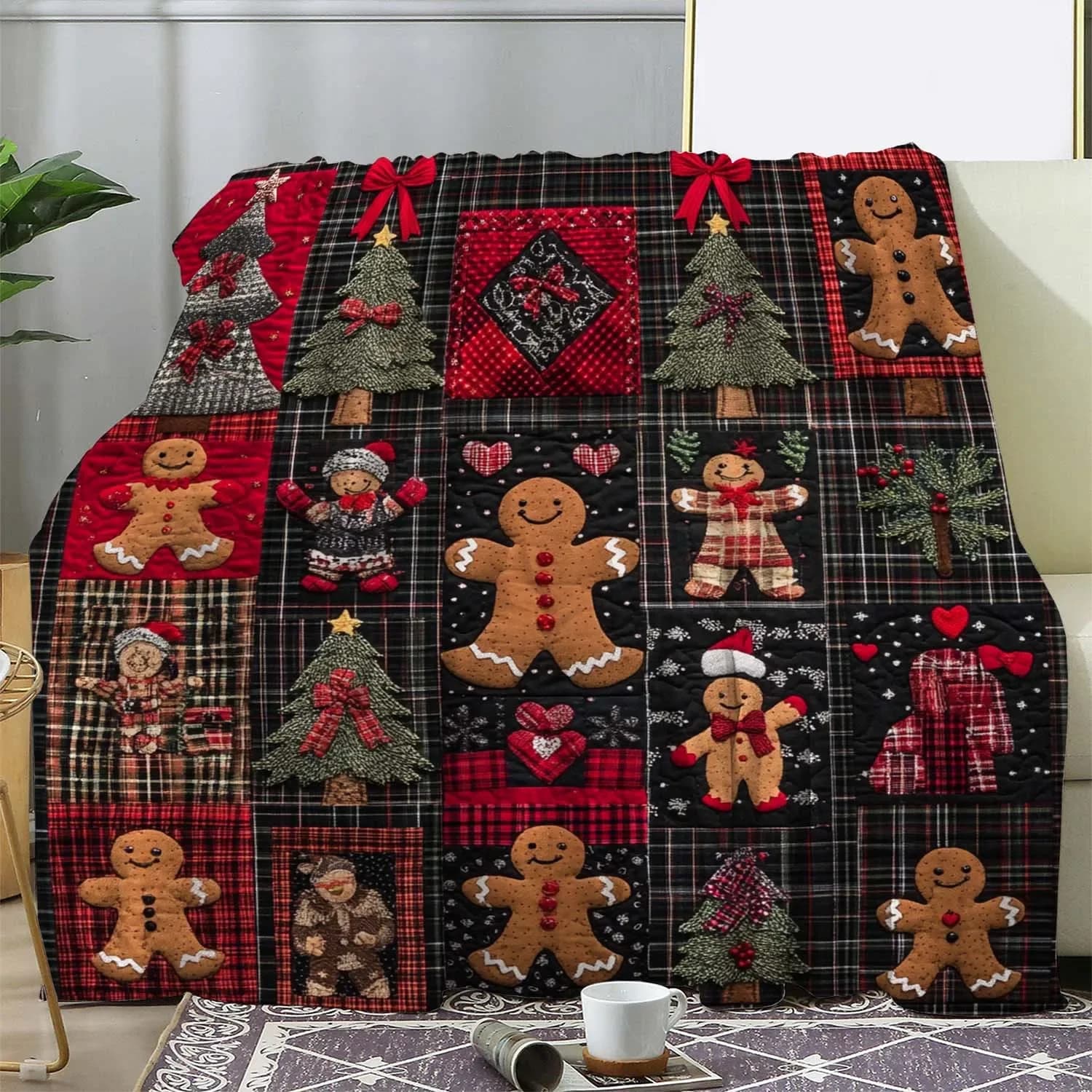 Vintage Winter Christmas Gingerbread Man Christmas Tree Print Blanket Warm, Cozy, and Soft Blanket Suitable for All Seasons