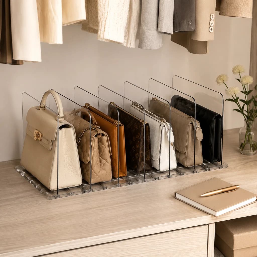 Minimalist Clear Acrylic Handbag Display Rack, Multi Slot Vertical Purse Storage Organizer, Transparent Bag Divider Holder for Closet, Dresser, Vanity Desk & Bedroom Organization