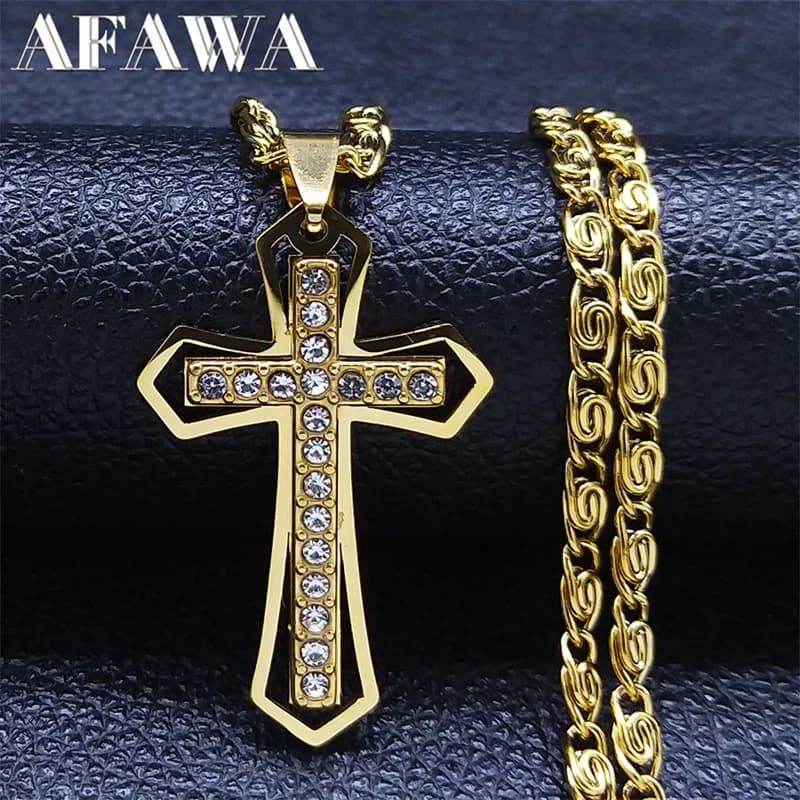 Collana con ciondolo a croce cattolica in cristallo per uomo, colore oro, in acciaio inossidabile, gioielli da uomo