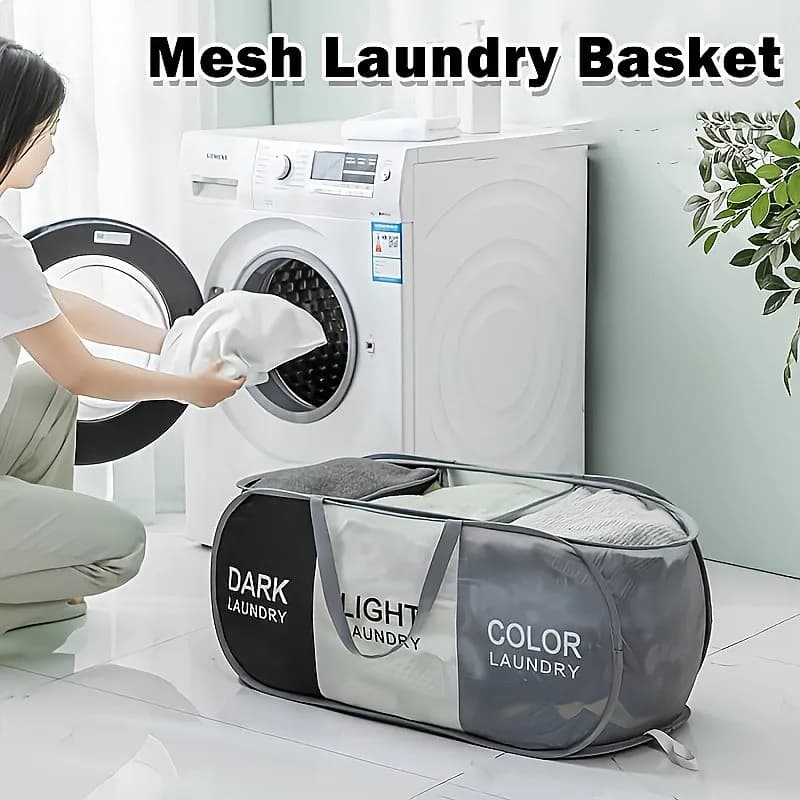 1pc Folding Large Capacity Laundry Basket with Handle Breathable Separated Dirty Clothes Storage Bag