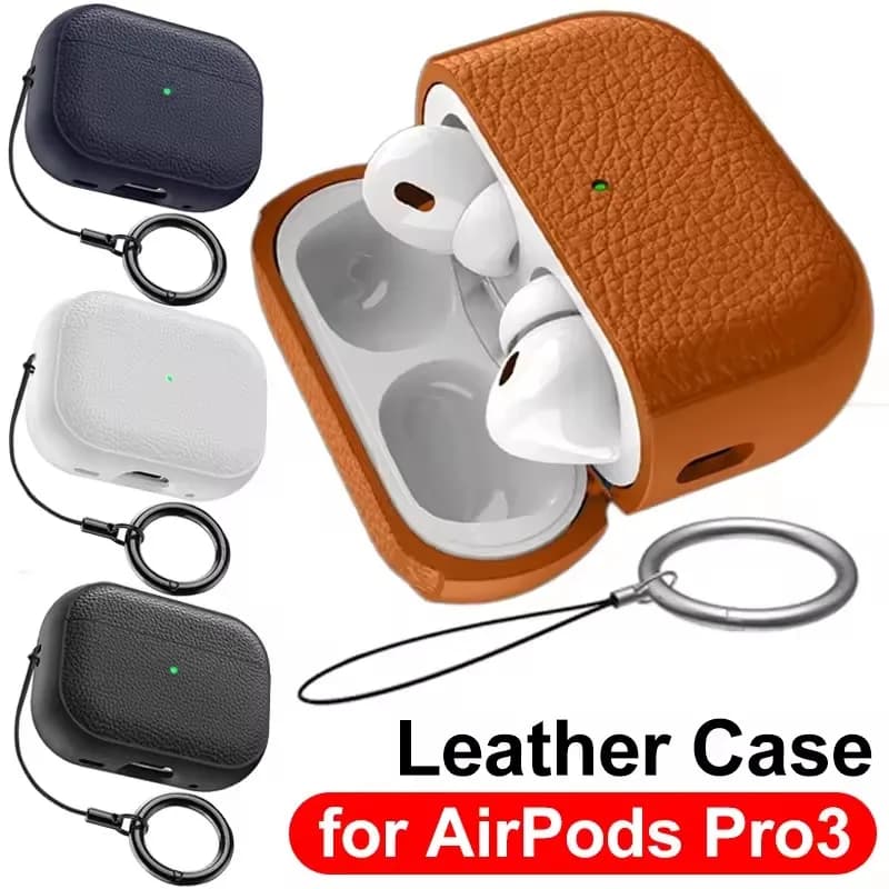 Leather Earphone Case for AirPods Pro 3 Full Cover Shockproof Protective Sleeve with Anti-lost Lanyard for AirPods Pro 3 Covers
