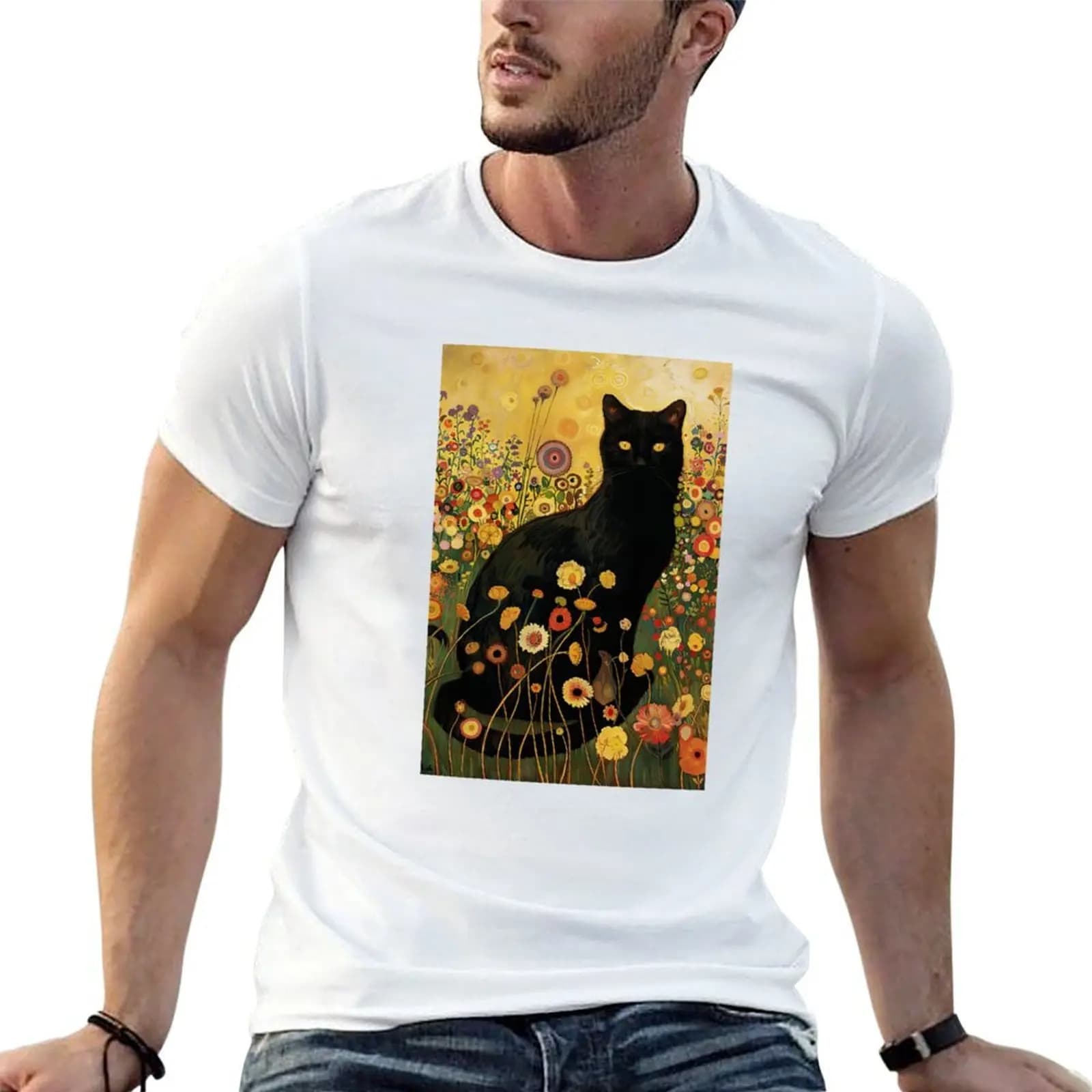 T-shirt Gustav Klimt Black Cat, t-shirt da uomo con grafica vintage, t-shirt da uomo in cotone 100%