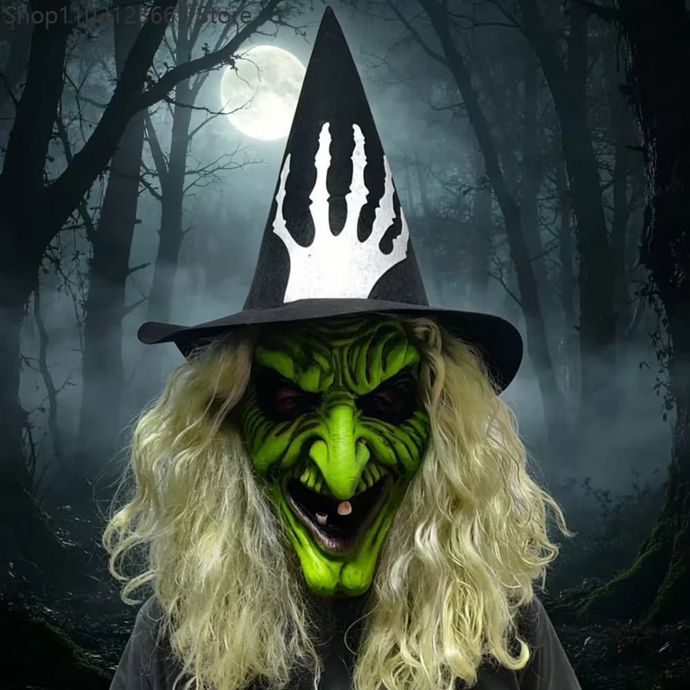 2026 Green Face Witches Mask Cosplay Sorceress Old Nana Grandma Hat Latex Masks Halloween Carnival Dress Up Party Costume Props