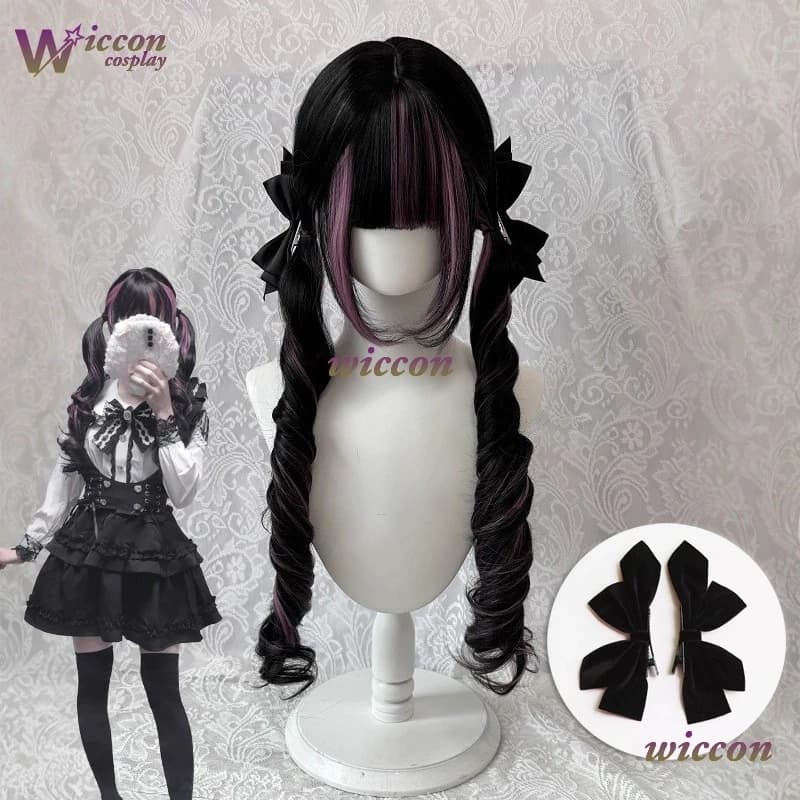 Comico ‌ Parrucca Nera con Frangia Rosa, Parrucche Cosplay Lolita, Parrucca Lunga e Riccia per Donna, Resistente al Calore, Naturale
