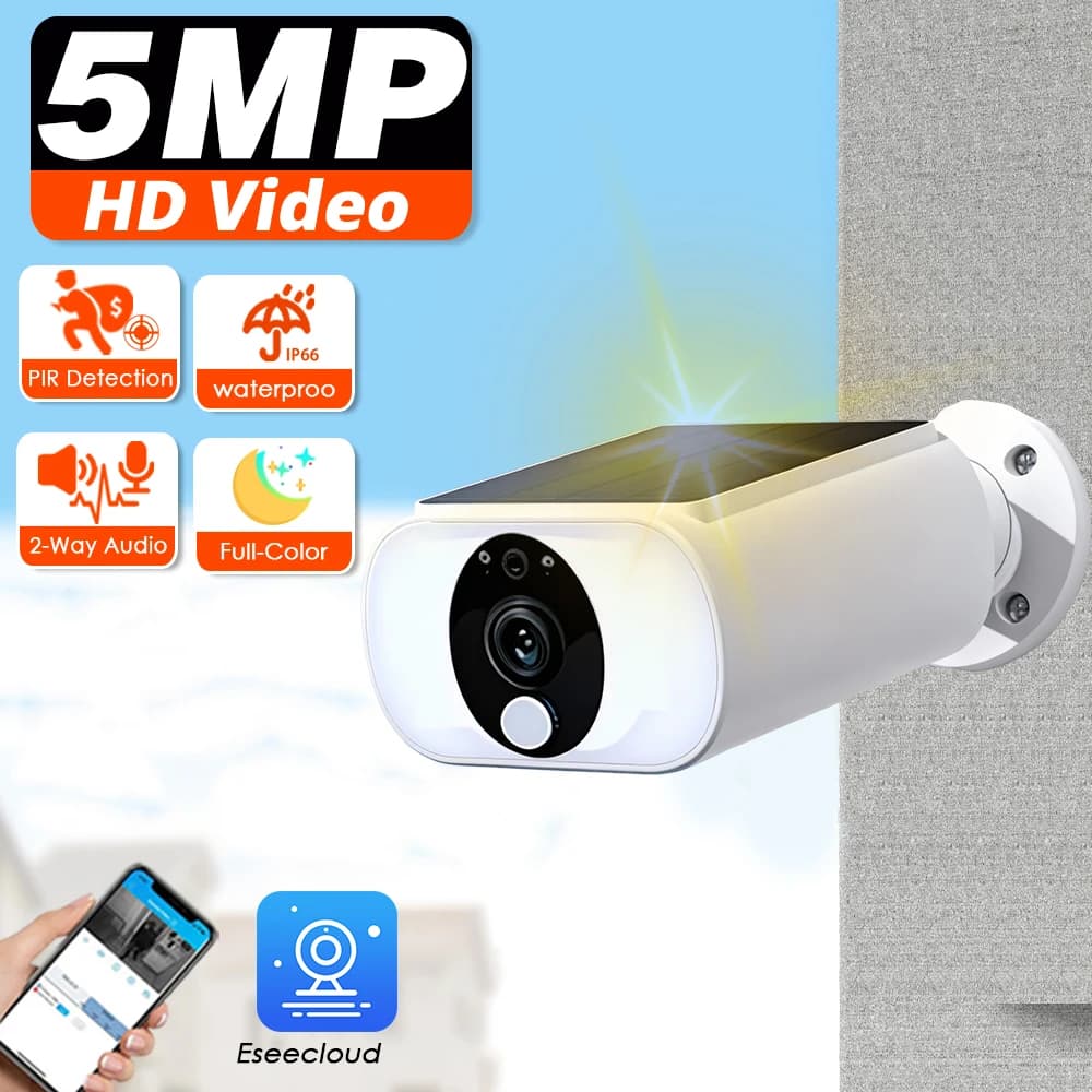 5MP Solar WiFi Bullet Camera Outdoor Wireless IP Security Camera Built-in Battery Color Night Vision Video Surveillance Security