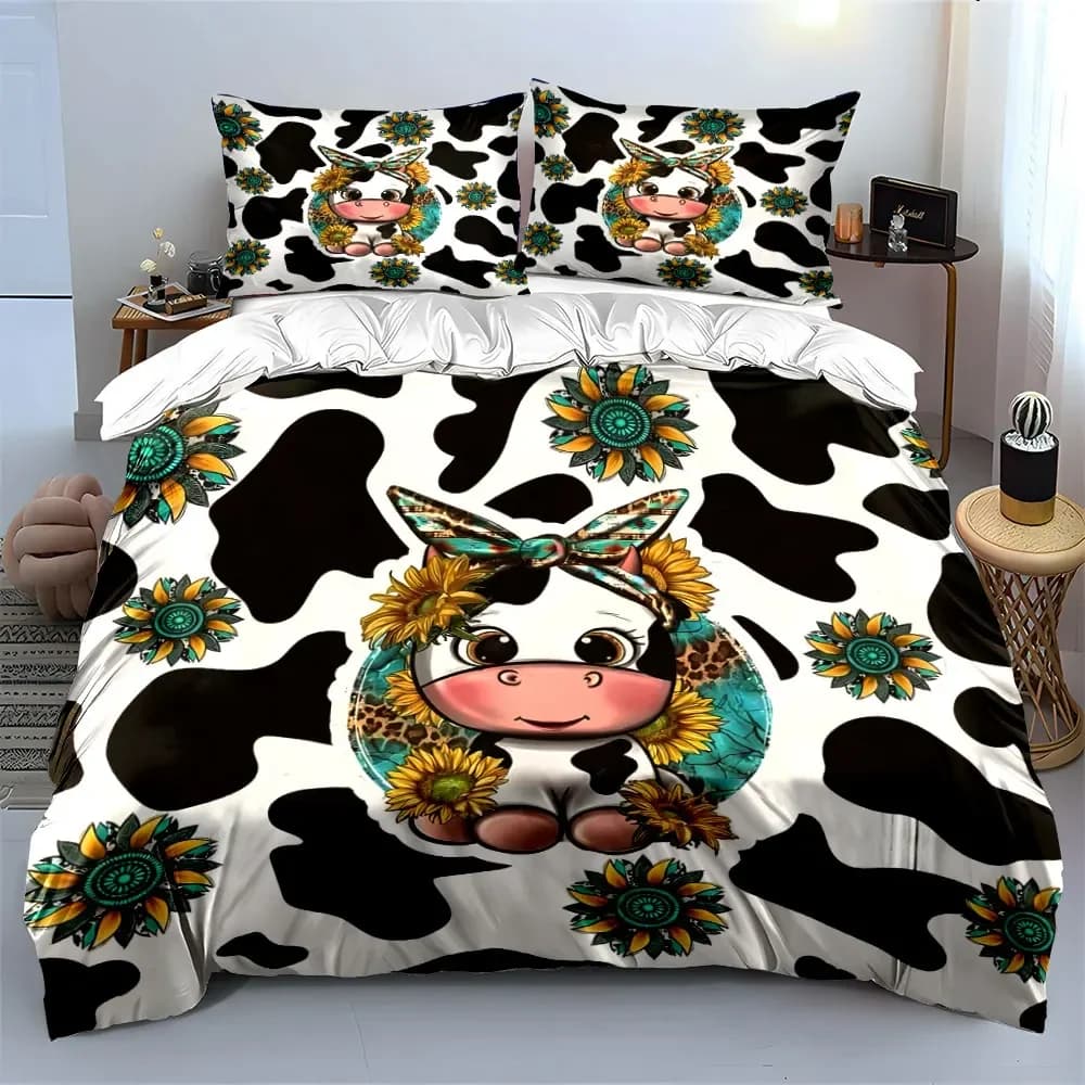 Set di biancheria da letto con stampa di mucche e girasoli, morbido e confortevole, include 1 copripiumino e 2 federe, idea regalo