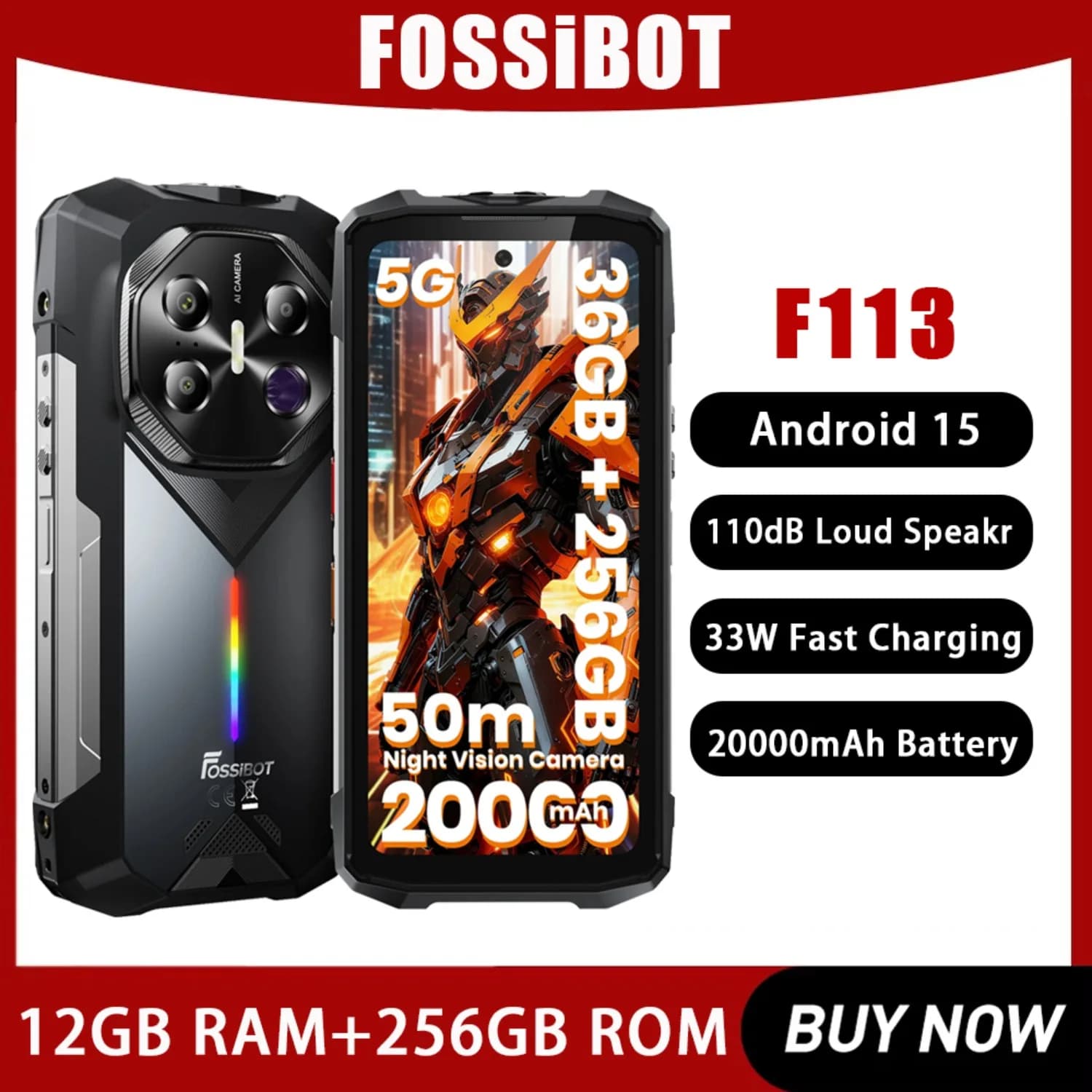 NEW FOSSiBOT F113 5G Rugged Phone 12GB+256GB Dimensity 7050 20000mAh 33W 108MP Camping Light NFC Android 15 Durable Mobile Phone