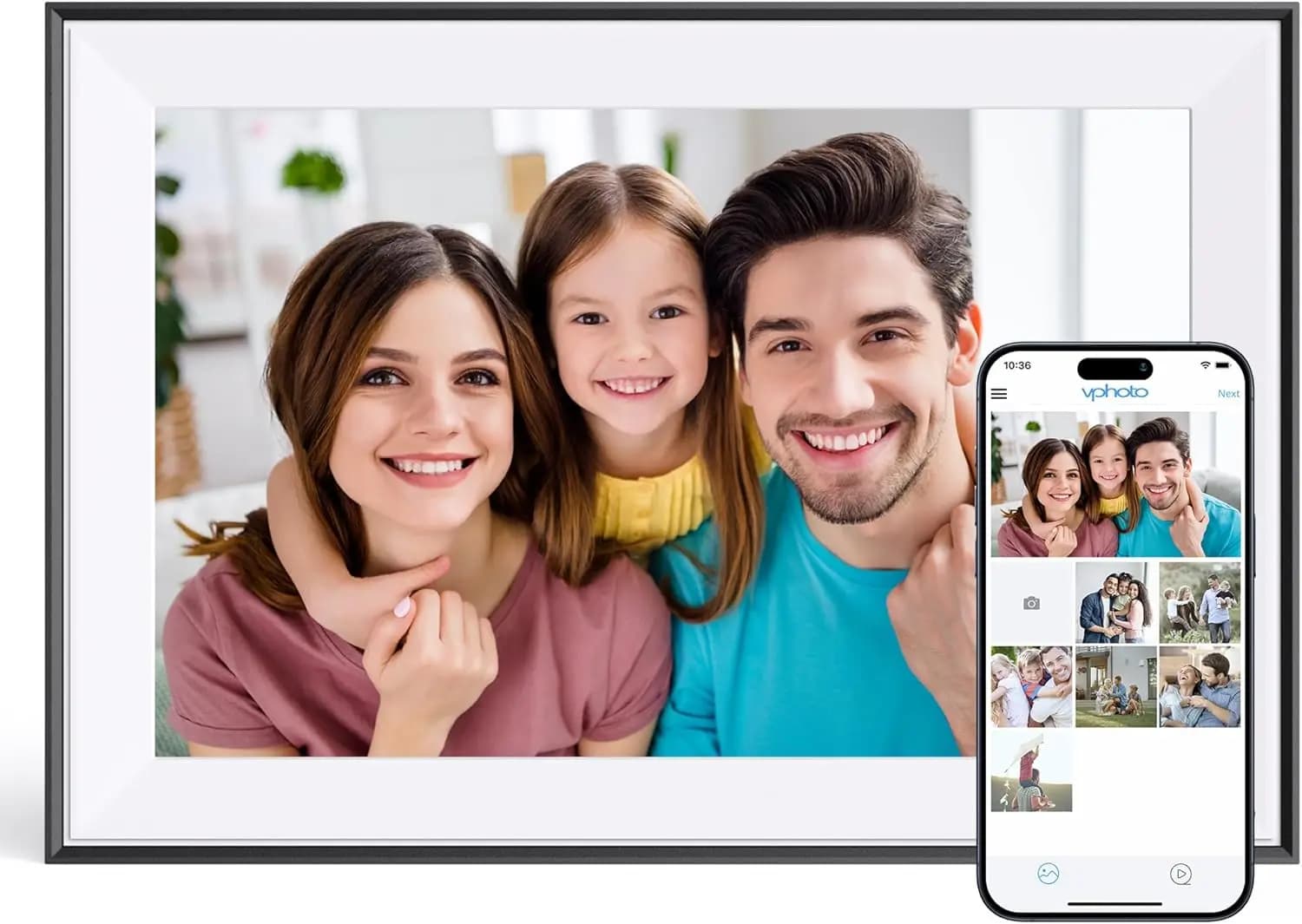 Cornice Digitale WiFi da 10.1 Pollici con Schermo Touch, 16GB di Memoria, Rotazione Automatica, Condivisione App per Foto di Famiglia