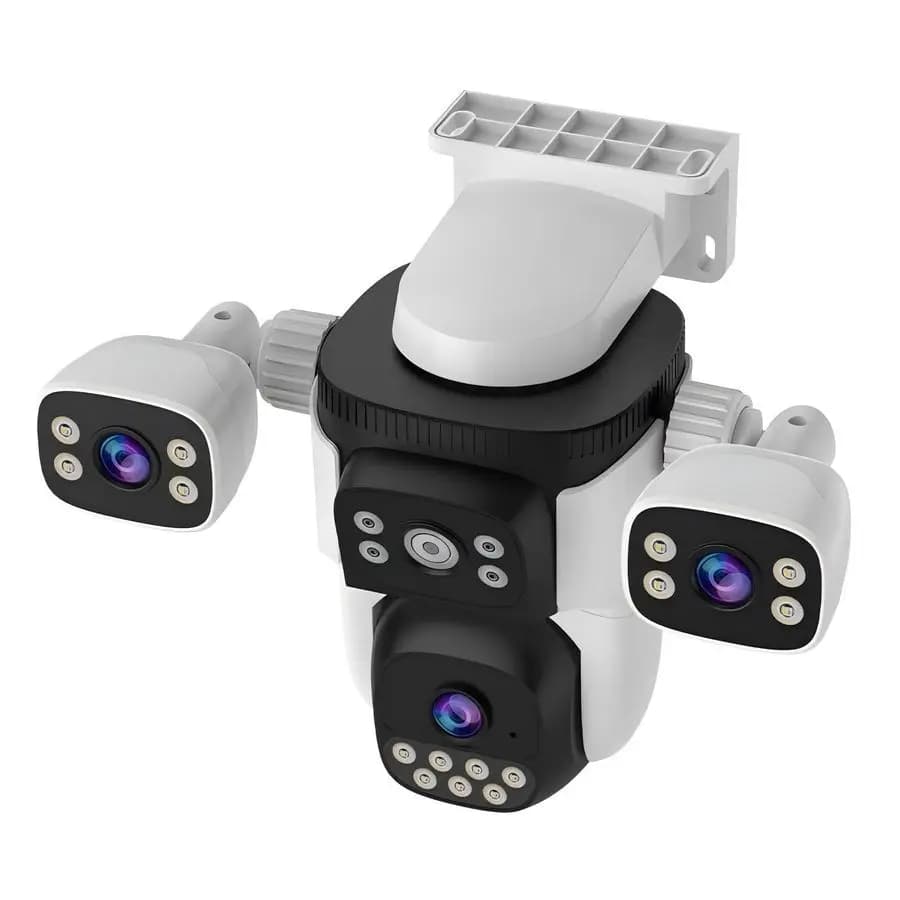 Telecamera di Sicurezza WiFi PTZ a Tre Obiettivi, Tre Telecamere in Una, Telecamere Laterali con Braccio Regolabile a 360°, Visione a 2K Senza Punti Ciechi