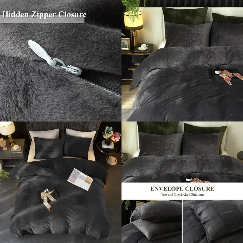 Antique grey king size velvet headdress set - Ultra soft and breathable flannel velvet from 3 pieces with zipper and angle laces
