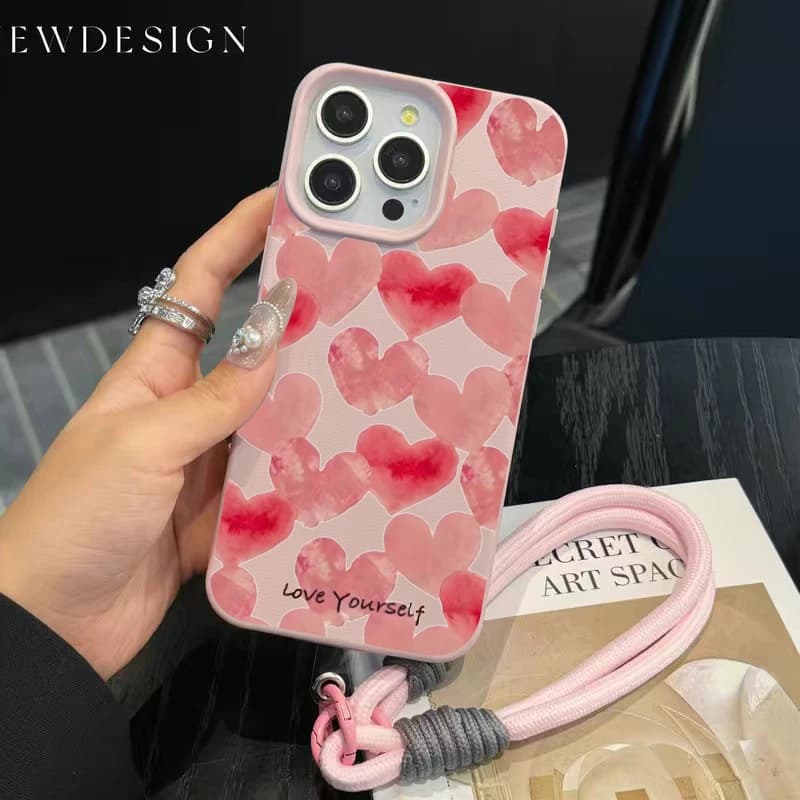 Catenella per telefono a forma di cuore con custodia per iPhone 17 Pro Max 13 14 15 16 Pro Max 11 12 Plus, antiurto, con motivo litchi, alla moda