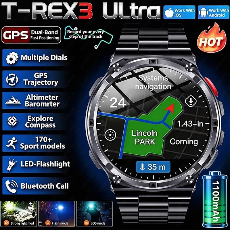 2026 New T-Rex3 Ultra/HT33 1100mAh Battery Smart Watch GPS path 5ATM Waterproof Sports Run Outdoors Compass Military Smartwatch