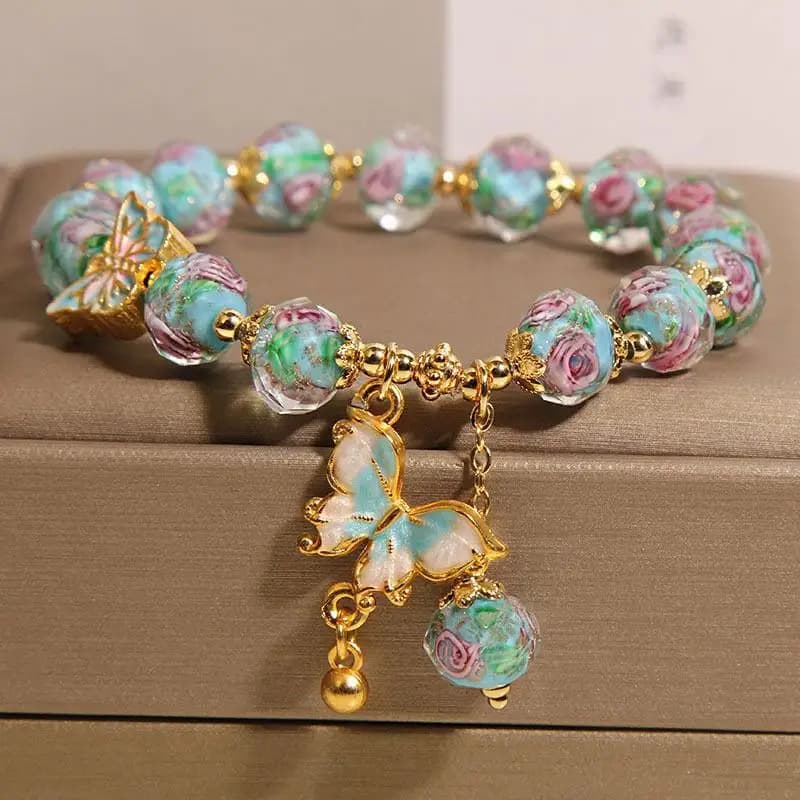 Nuovo braccialetto cinese con smalto blu da giardino di rose, regali di lusso leggeri di nicchia da donna, perline con ciondolo a farfalla, gioielli di fascia alta