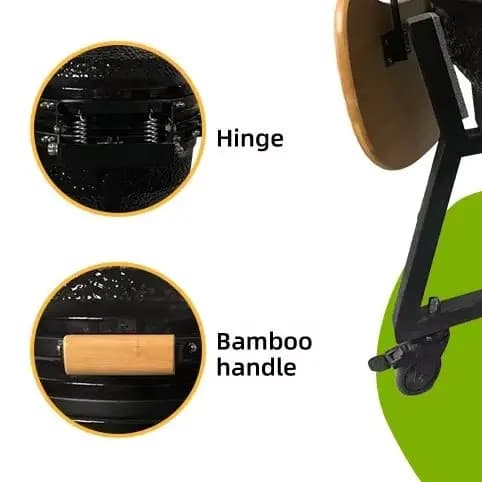 16 Inch Black Stone Pattern Ceramic Kamado BBQ Grill Charcoal Smoker Pizza Oven with Foldable Bamboo Side Tables & Iron Stand fo