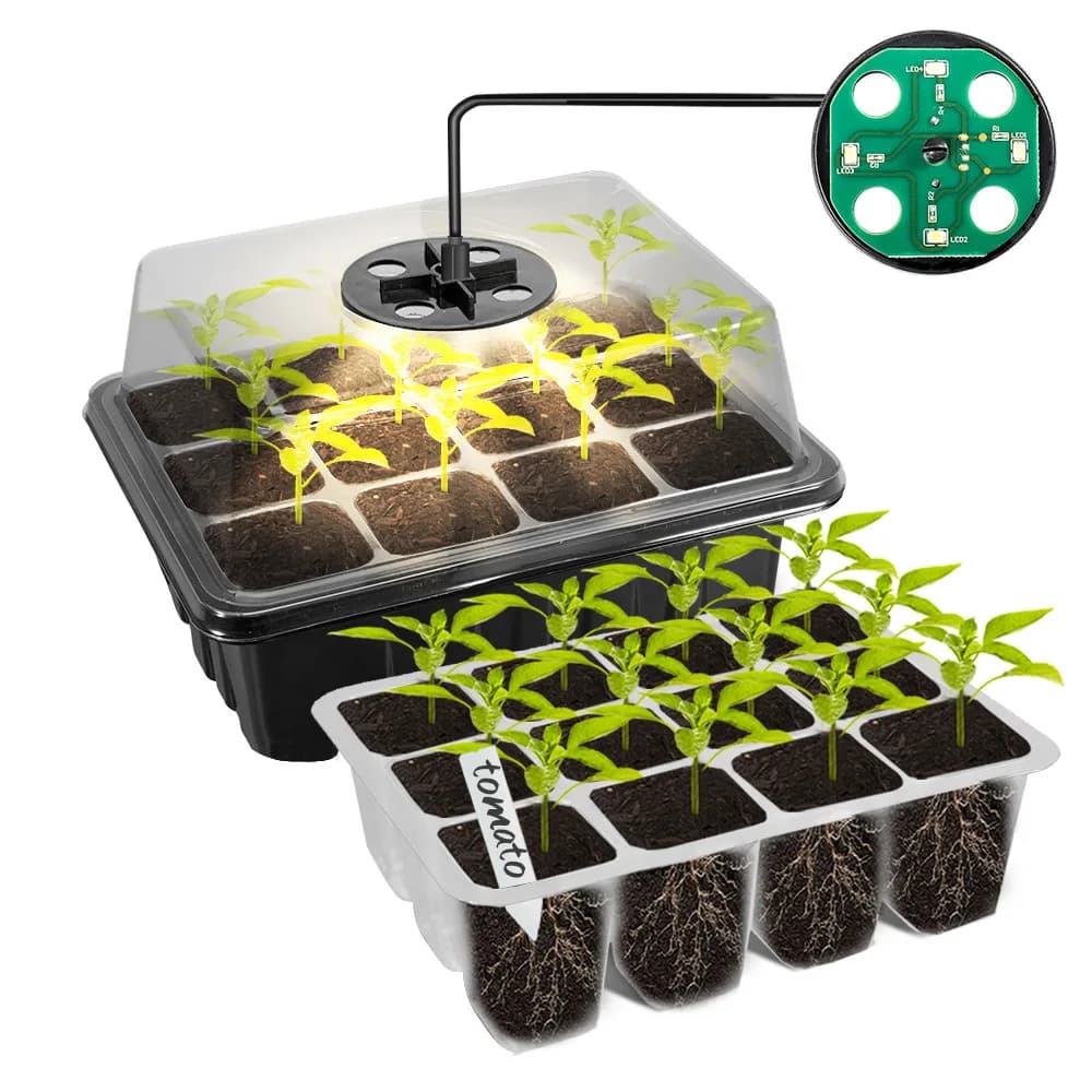 Growing kit with LED light, 12 compartments, seed trays, seed trays, seedlings, germination, for oily plants, flowers, gardening, germination tool