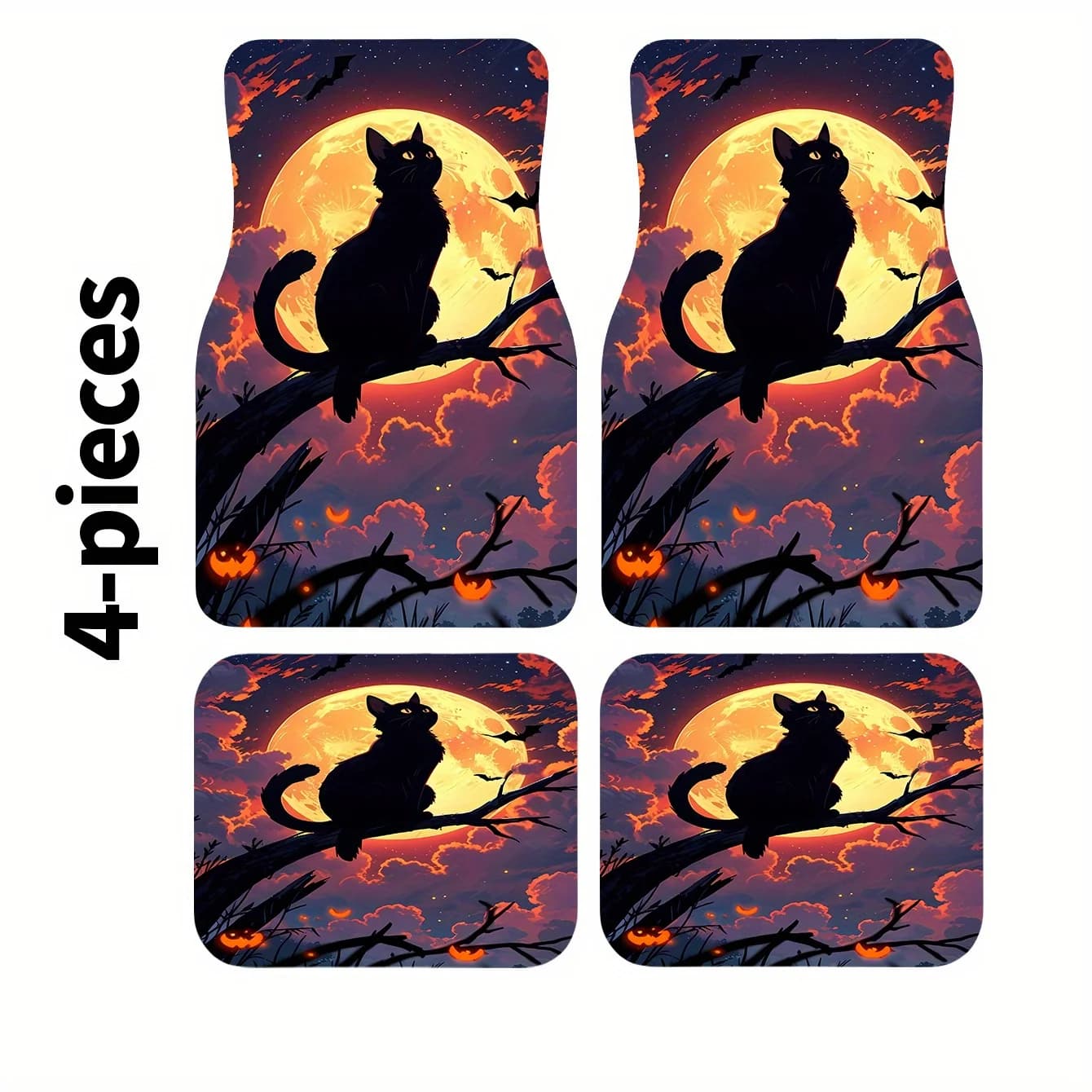 4pcs Premium Black Cat On Tree Branch Print Car Floor Mats, Front And Rear Carpet, Car Interior Accessories, All-Season, Stylish