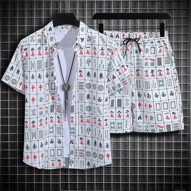 Men's Summer Mahjong Printed Casual Set Button Collar Shirt and Shorts Hong Kong Style Loose Beach Large 2-piece Set