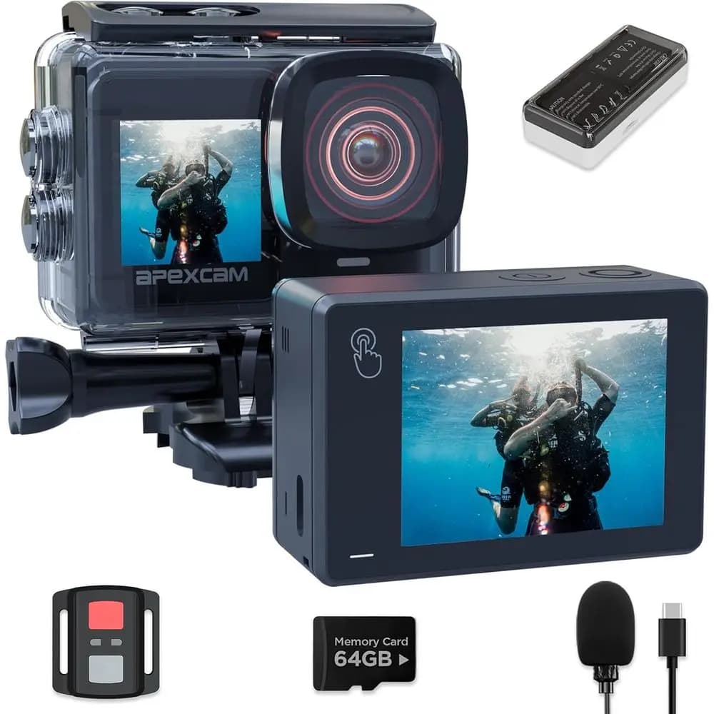 Action Camera 4K60fps con Zoom 8x, 48MP, Scheda 64GB, EIS, 2 Batterie e Telecomando 2.4G per Sport e Avventure Subacquee