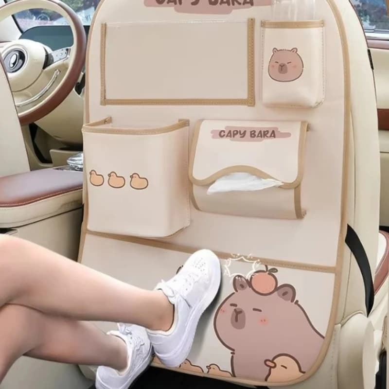 Borsa portaoggetti per auto in cartone animato, tappetino anti-calcio, pattumiera per auto Kapibala, borsa portaoggetti per auto anti-sporco e anti-calcio in pelle