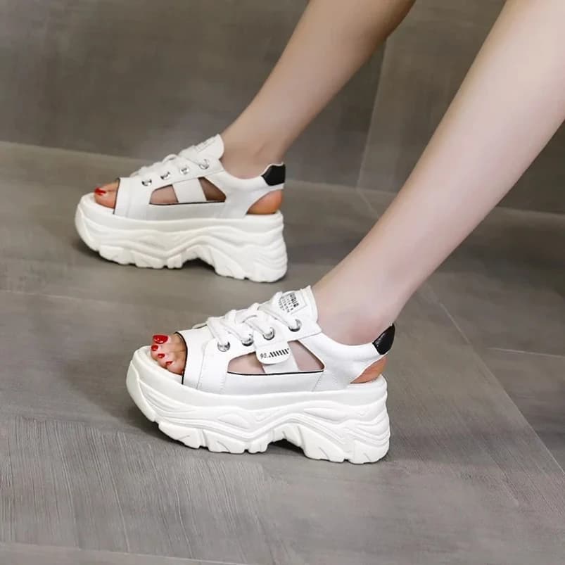 2025 Sneakers 8 cm Genuine Leather Slides Summer Ankle Slippers Vulcanized Sandals with Empty Women's Platform Sneakers with Wedge Breathable Shoes