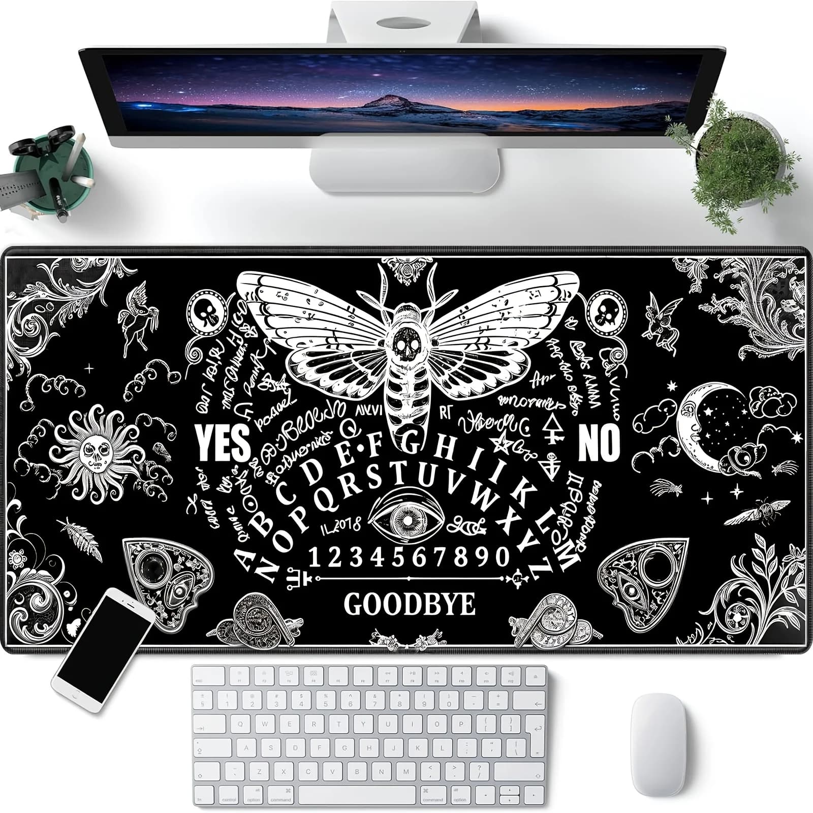 Tappetino per mouse da gaming, tappetino da scrivania grande, antiscivolo, bordi cuciti, stampa Ouija Board Death Moth, tappetino per tastiera da gaming