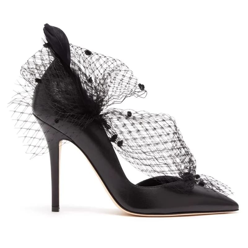 Stiletto heels spring and summer new pointed toe side hollow leather feather mesh banquet dress versatile fashion women's sandal