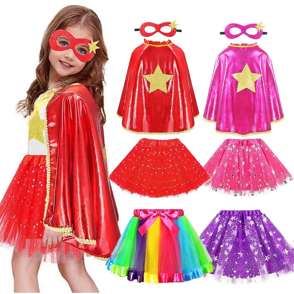 Set Halloween per Ragazze: Mantello a Pentagramma, Abito in Rete, Maschera, Gonna Arcobaleno, Mantello Arcobaleno, Maschera, Polsiera per Spettacoli e Performance Teatrali