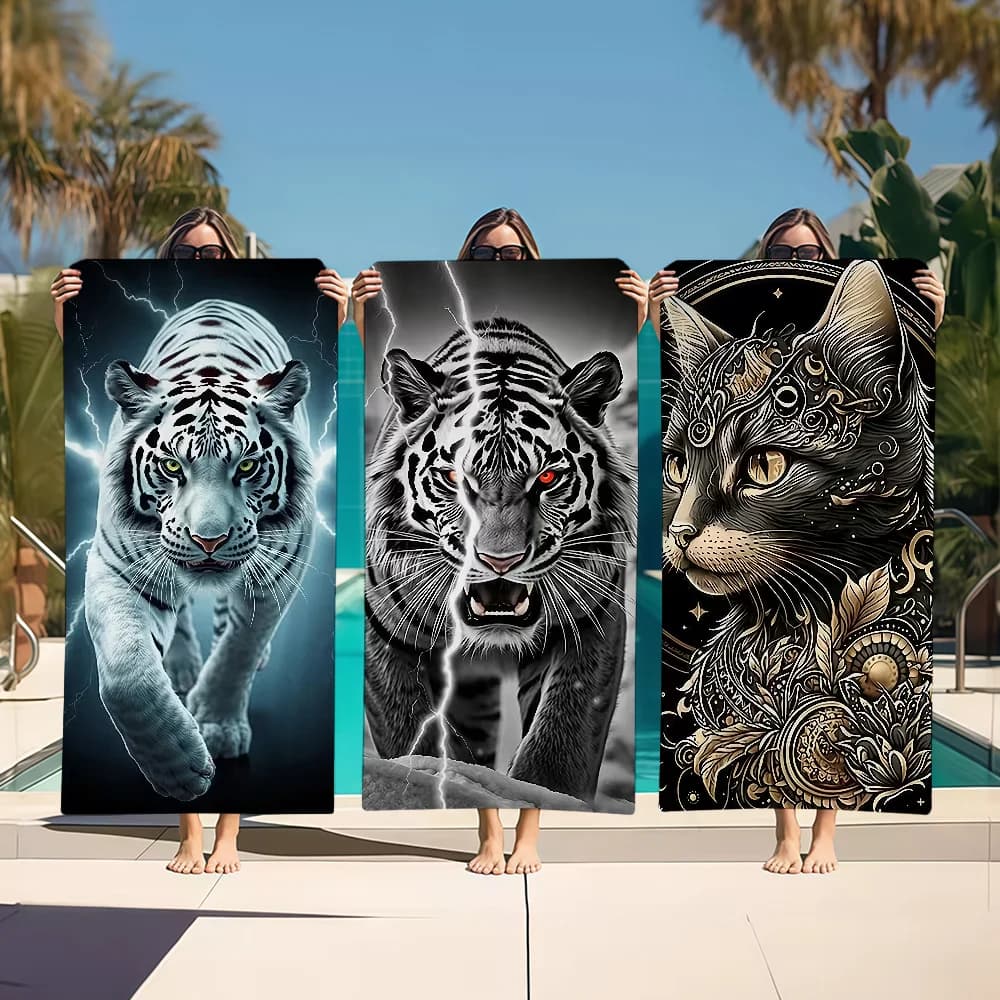 Quick and lightweight black fabric bathrobe, portable, for beach, camping, swimming pool, travel, with Tiger and Leo motifs, also available in white