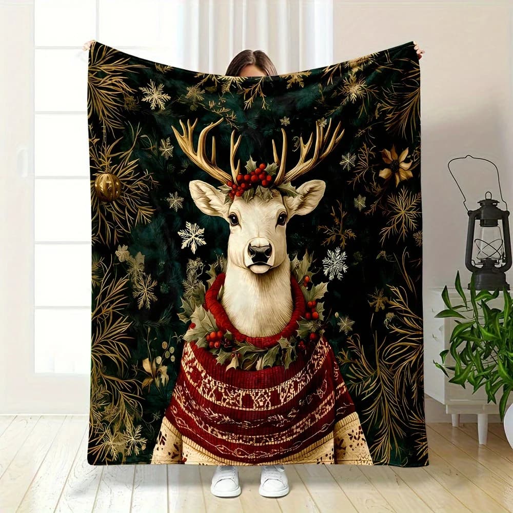 Cozy Reindeer Print Flannel Throw Blanket - Festive Holiday Design with Pine Branches & Snowflakes, Soft & Warm for Bed, Sofa,