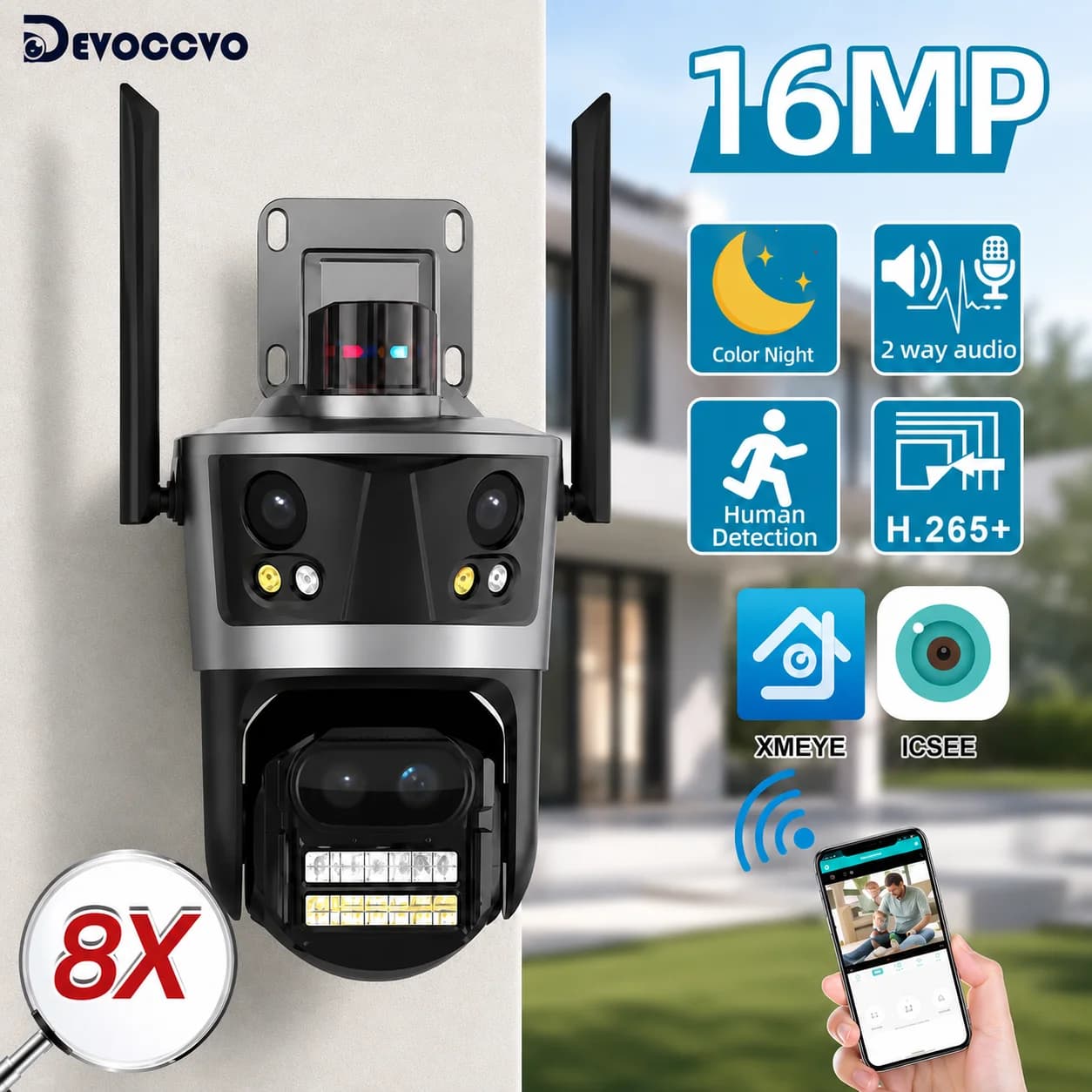 ICsee Security Camera 8K 16MP Four Lens 8X Zoom Outdoor WiFi Wireless CCTV Video Surveillance Auto Tracking Home Protection