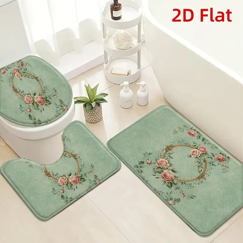 VIKAMA 3PCS Floral Bath Mat Set, Non-Slip Absorbent Rug, Soft Thick Machine Washable Floor Mat for Bathroom Entryway Decor