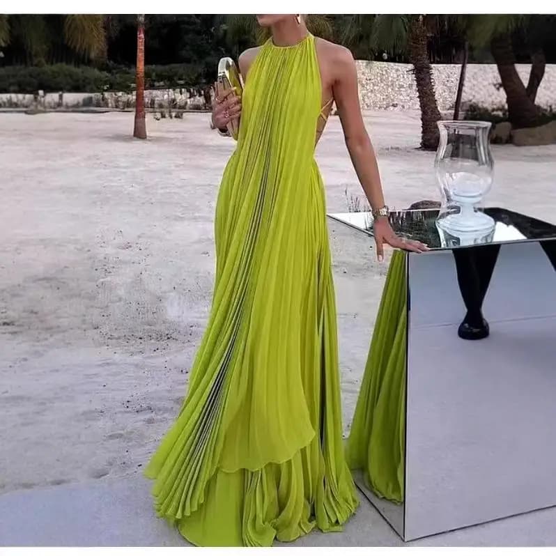 Women's round Neck Sleeveless Backless Beach Long Dress Sexy Crossbody Pure Color New Arrival Sweet And Spicy Style A-Line Skirt